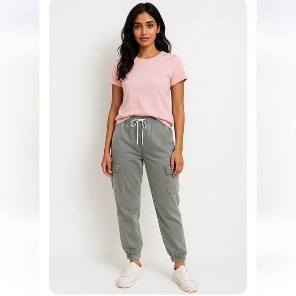 Forever 21 Women's Size L Mint Green Cotton Denim Jeans Cargo Drawstring Joggers - Picture 1 of 6